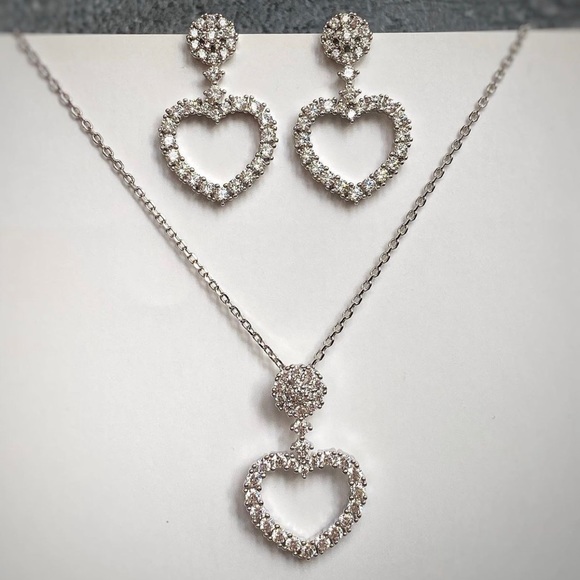 LAST ONE Heart Earrings & Necklace Set 925 Sterling Silver White Zircon - Picture 2 of 9